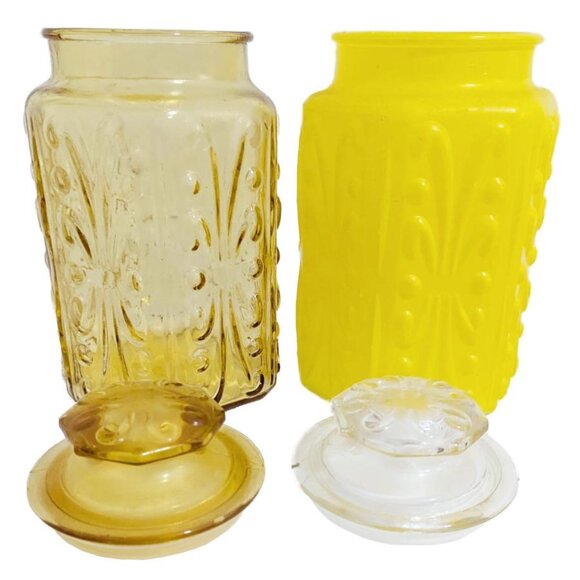 Vintage 1972 Imperial Glass Yellow & Amber Atterbury Scroll Show Off Jars - Picture 2 of 9